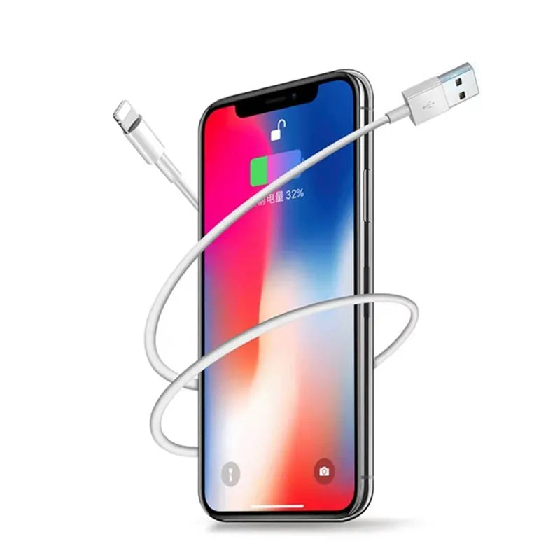 White Apple Lightning charger cable head compatible with iPhone, shown in 1m and 2m length options