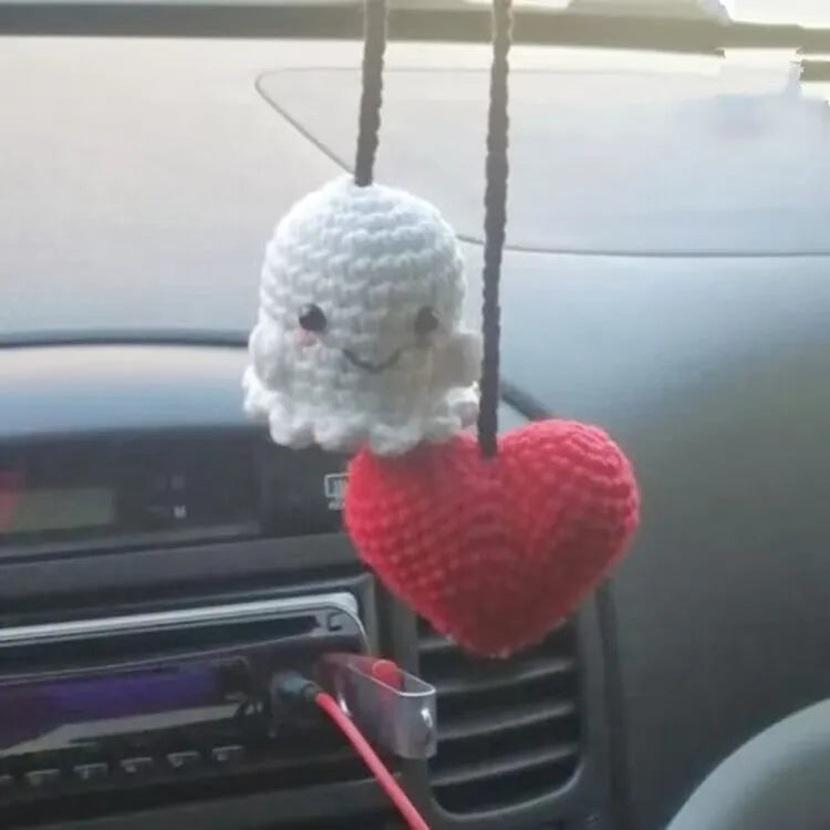 Plush hand-woven car hanging ornament in a cartoon design, made from soft polyester fabric.