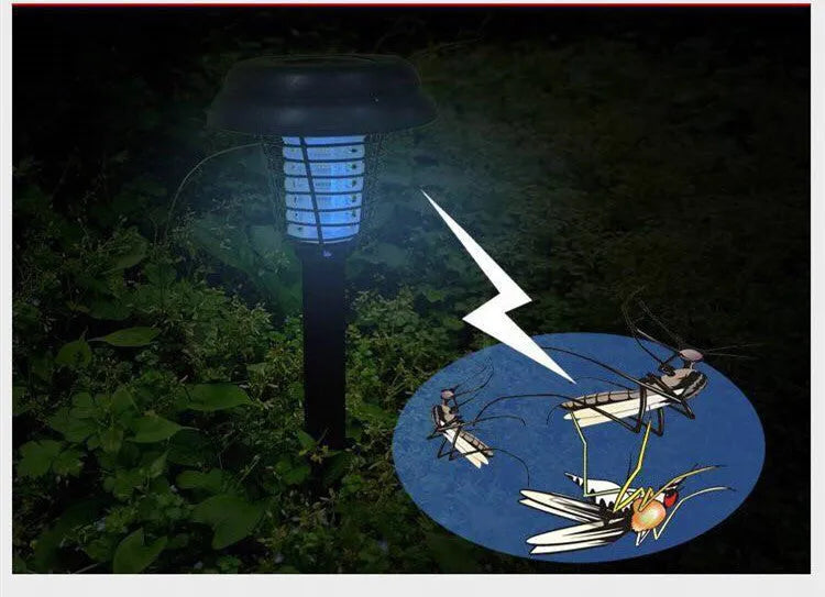 Black solar-powered insect control lawn lamp with white and UV purple LEDs, standing 42cm tall.