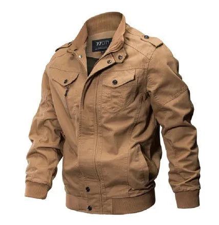 Plus size bomber military jacket for men in cotton washed finish with zip and button closure, available in 5XL and 6XL
