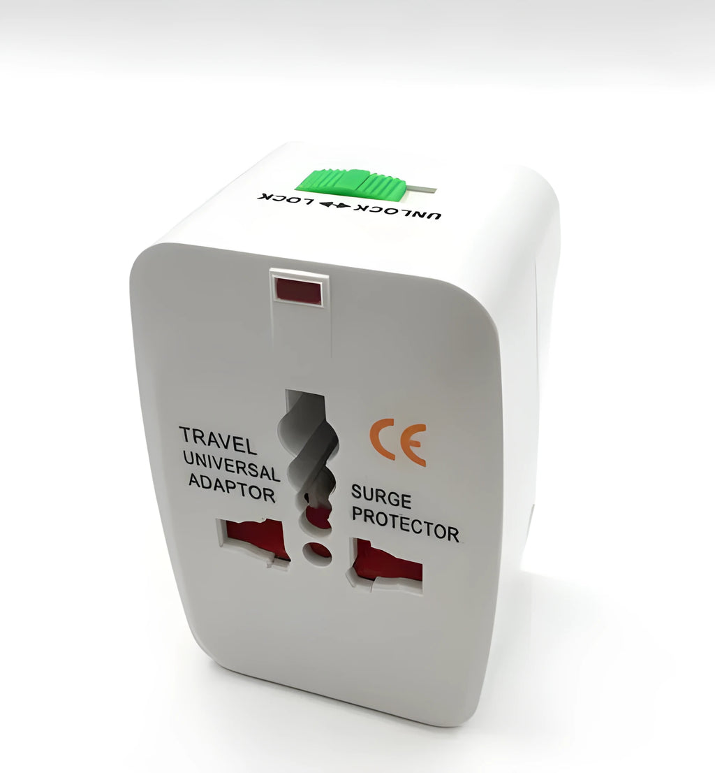 Compact universal travel plug adapter for international sockets, dimensions 73mm by 50mm by 39mm