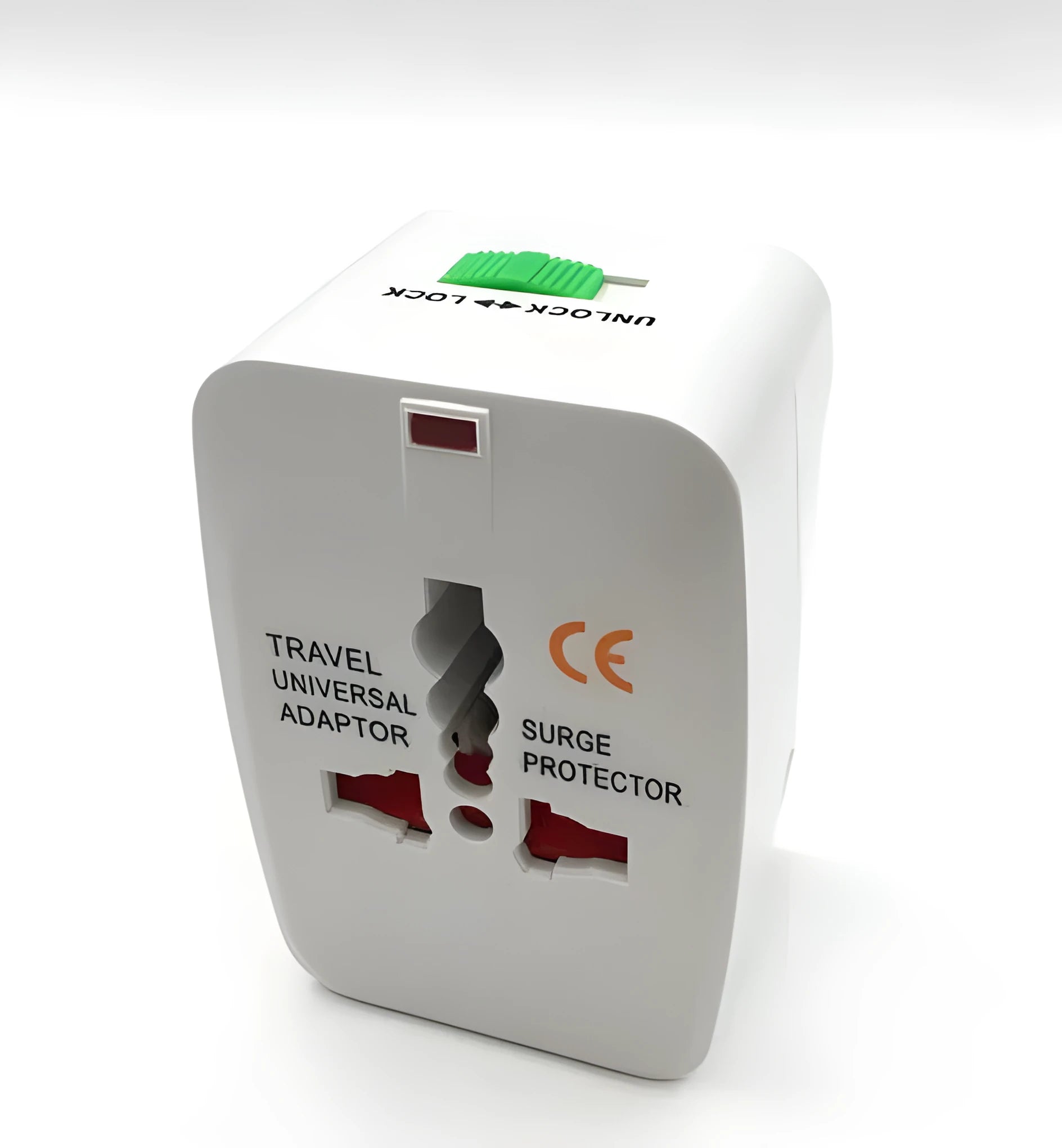 Compact universal travel plug adapter for international sockets, dimensions 73mm by 50mm by 39mm