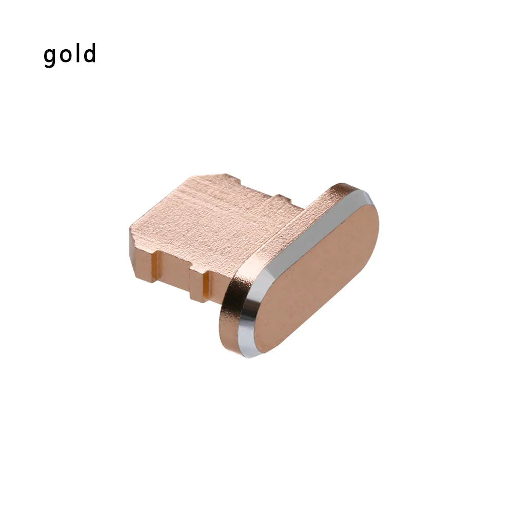 Aluminium alloy iPhone charging port dust plug in multiple colours including gold, silver, blue, red, grey, black, and rose gold.