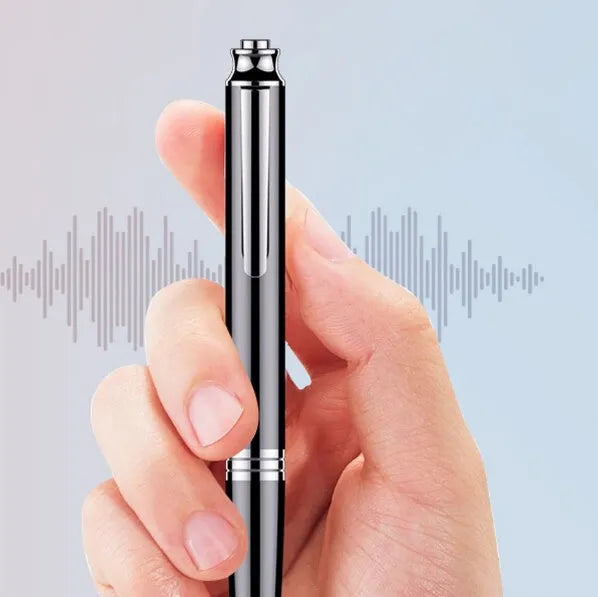 Black USB voice recorder pen measuring 120mm long, shown next to a ruler for scale.
