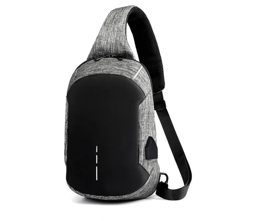Dark blue waterproof oxford chest bag with adjustable strap, showing front zipper and compact square shape.