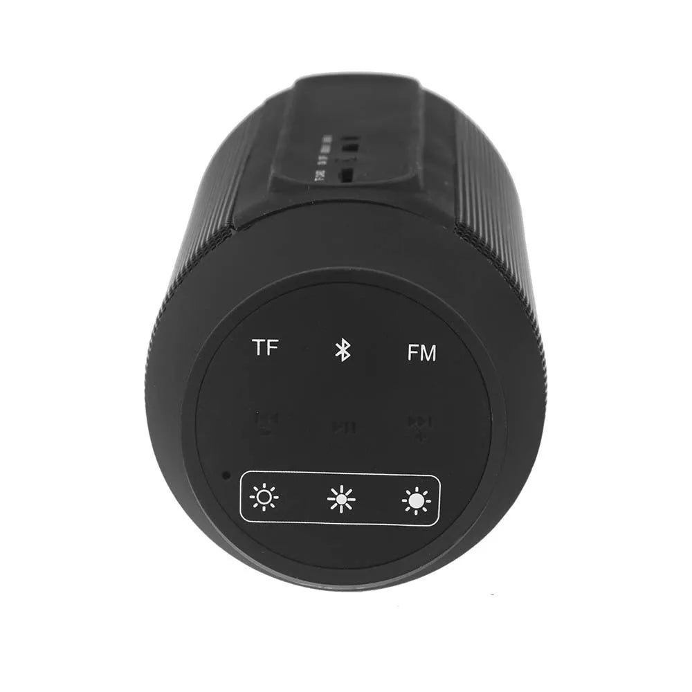 Mini black and white Bluetooth speaker with colourful LED light ring showing 360° sound capability