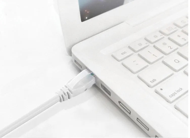 White Cat6 network cable with RJ-45 connectors on a plain background