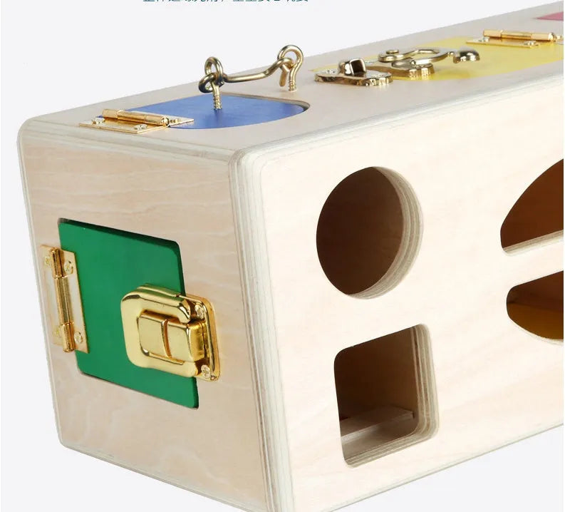 Wooden shape lock box educational toy with 12 colourful pieces for preschool children