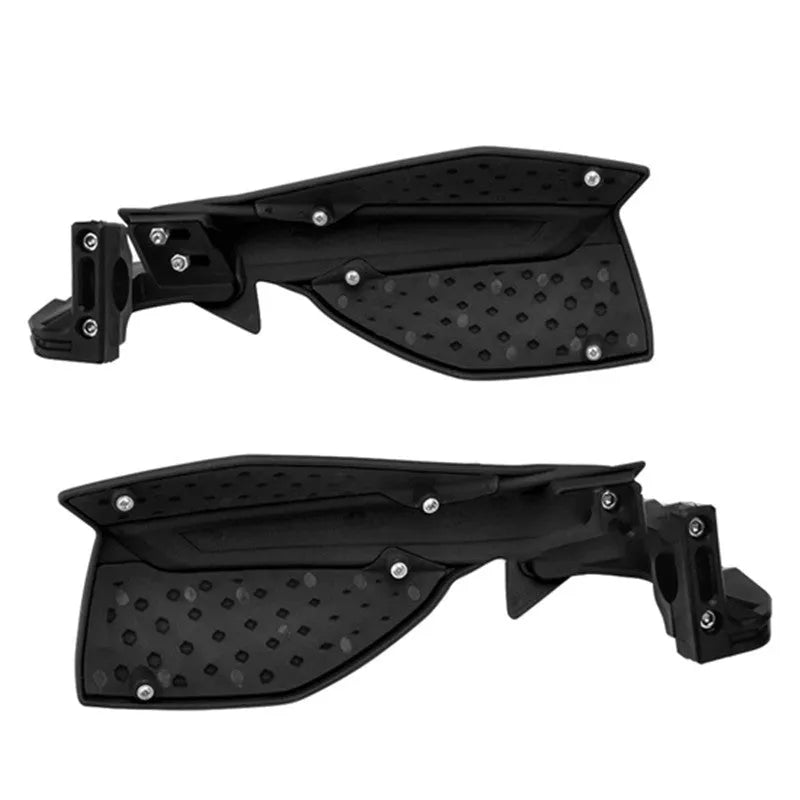 Plastic motorcycle hand guards in black and orange for universal handlebar fit