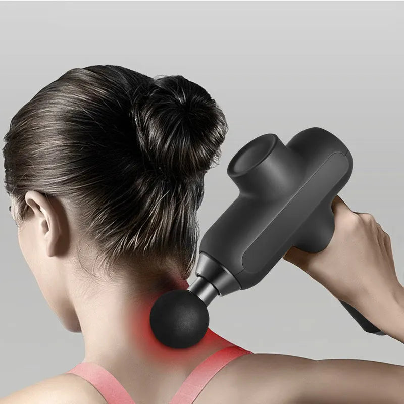 Black rechargeable muscle massager with six different coloured massage heads on a white background.