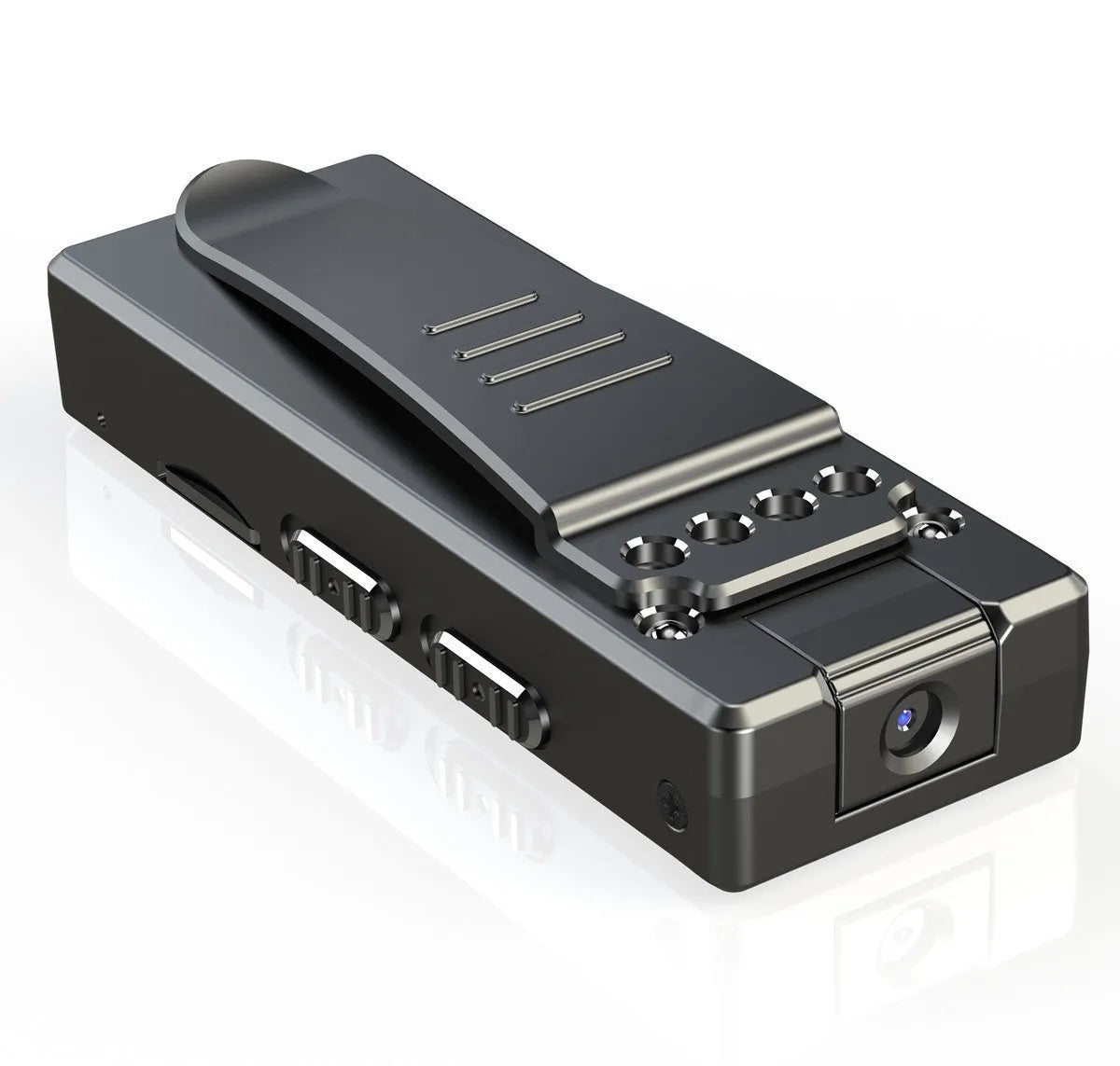 Black 1080p HD DV camera on a stand with a rotated lens, showing its compact design.