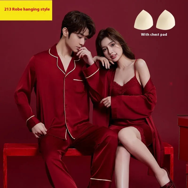 Red ice silk wedding dowry pyjama set for men and women showing long sleeves and trouser design