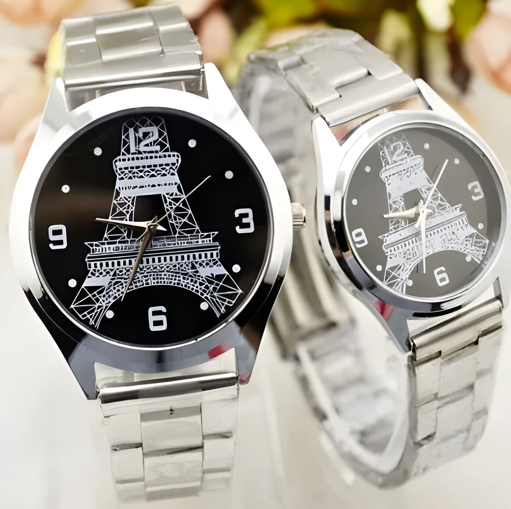 Eiffel Tower wrist watch with stainless steel case and black leather strap
