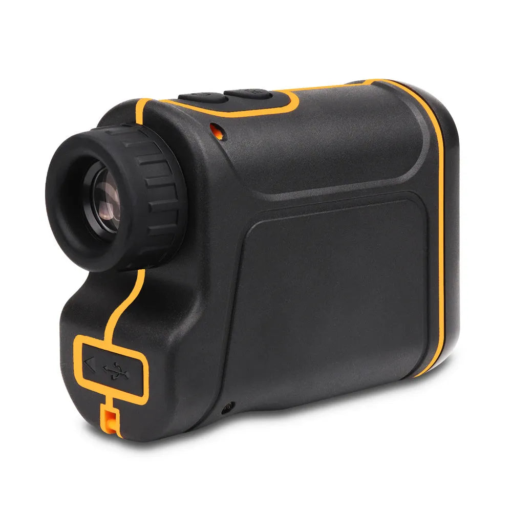 Black handheld golf laser rangefinder unit showing compact size and display.