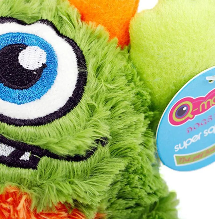 Monster dog toy with TPR spiky ball inside and squeaker, shown in green, blue, and rose red, 12cm and 6cm sizes.