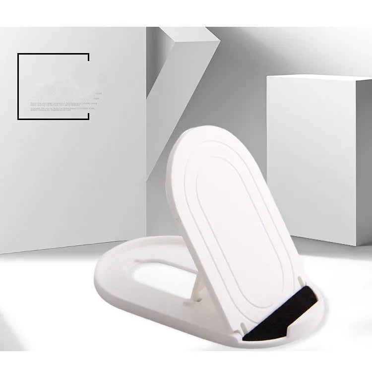 Plastic adjustable bracket mobile phone stand in six colour choices on a desk.