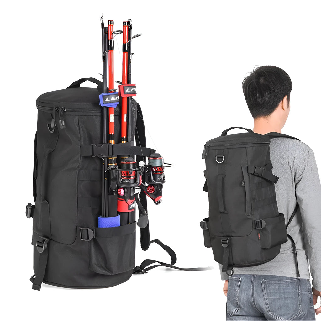 Black polyester cylinder fishing tackle backpack with dual-shoulder straps, 23-litre capacity
