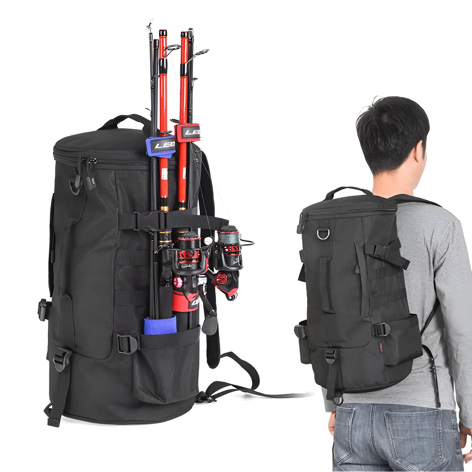 Black polyester cylinder fishing tackle backpack with dual-shoulder straps, 23-litre capacity