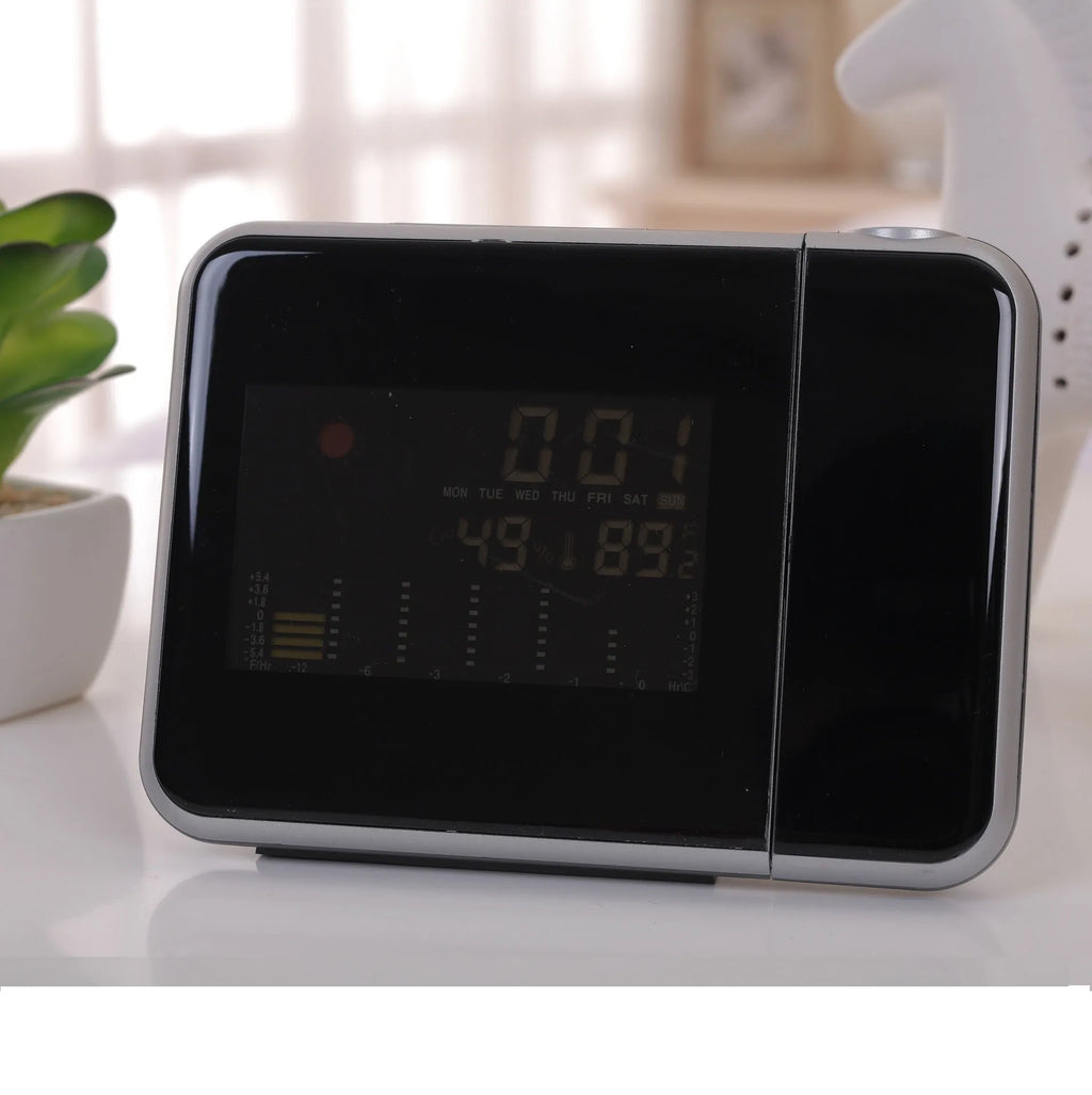 Digital electronic table clock, plastic, 16 x 6 x 12 cm, shown in Black USB and White USB options.