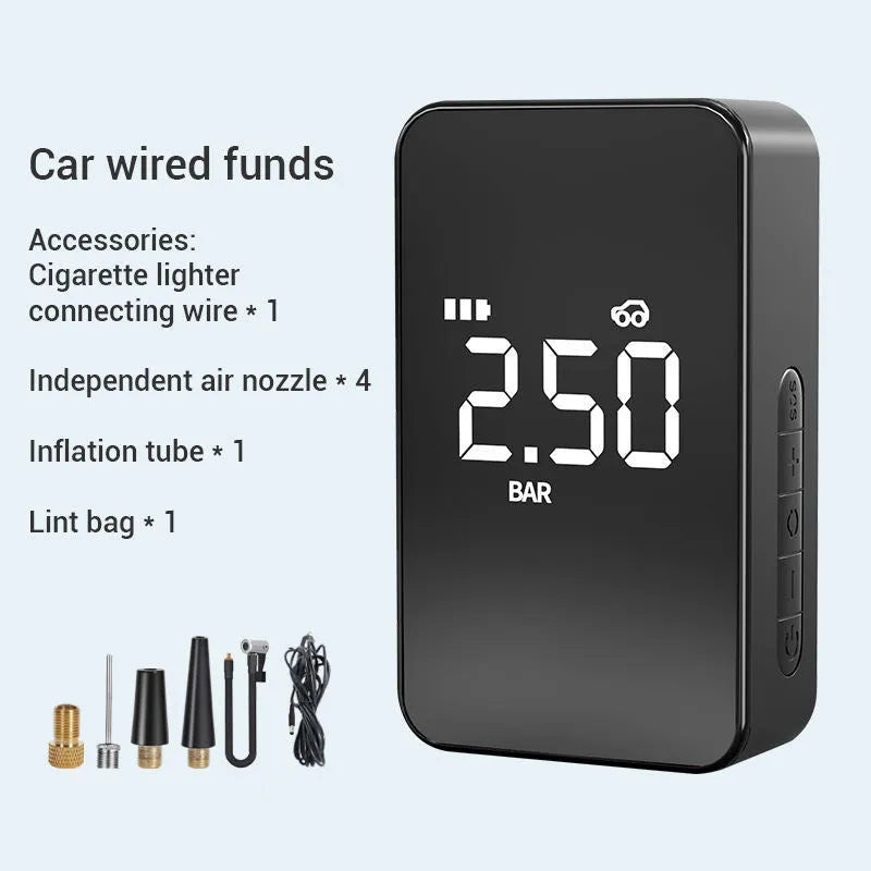 Small black wireless digital tyre inflator pump with screen, hose, and four air nozzles on a grey background.
