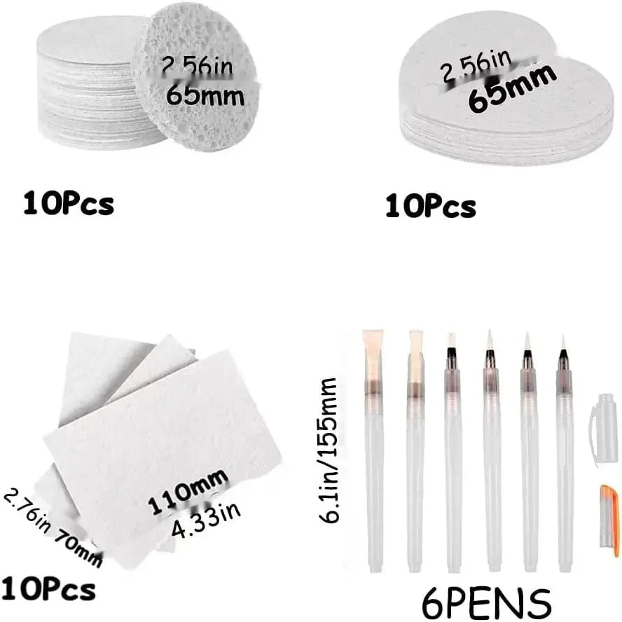 Cartoon wood pulp paper painting set with cellulose sponge, heart, round and square paper shapes, and six fountain pens