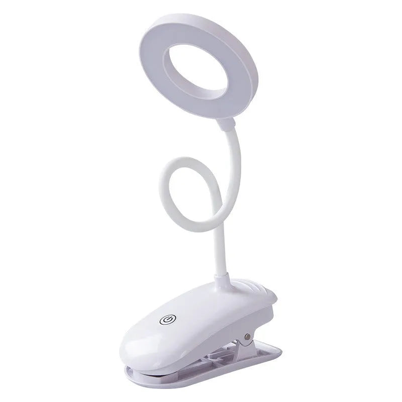 Modern clip-on rechargeable desk lamp with touch switch and plastic shade in multiple colour temperature options