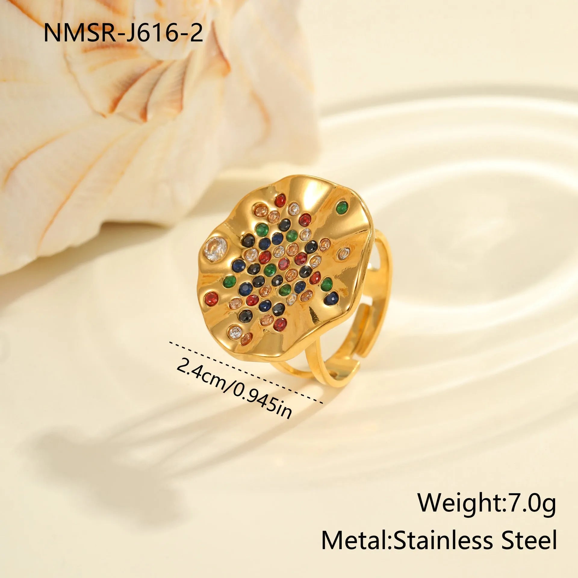 Geometric stainless steel ring with colour crystal inlays and open mouth design