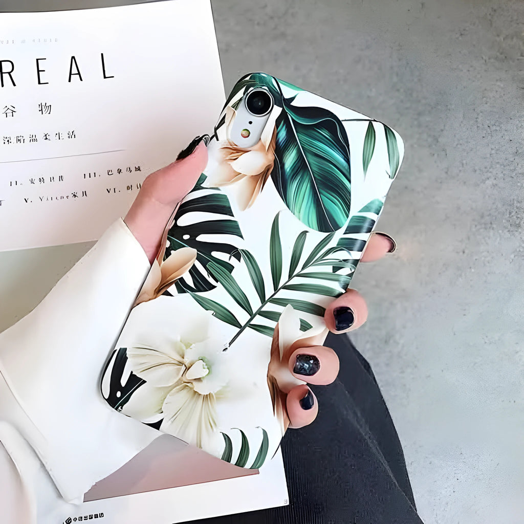 Retro floral banana leaf design on a soft TPU back case for an iPhone.