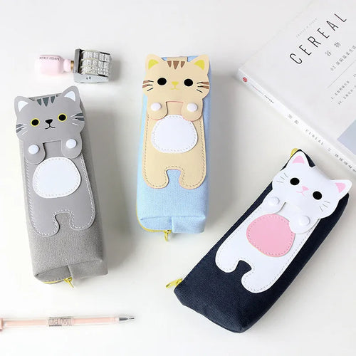 Canvas pencil case with cat cartoon design, large zipper opening, square shape, available in blue beige gray black