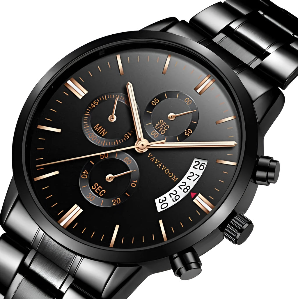 Men's stainless steel quartz watch with 43mm round dial and butterfly buckle