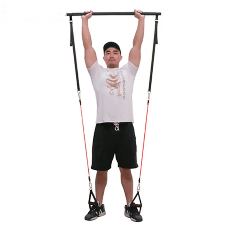 Pilates stick fitness set with black red foldable rod and two resistance bands for yoga and strength