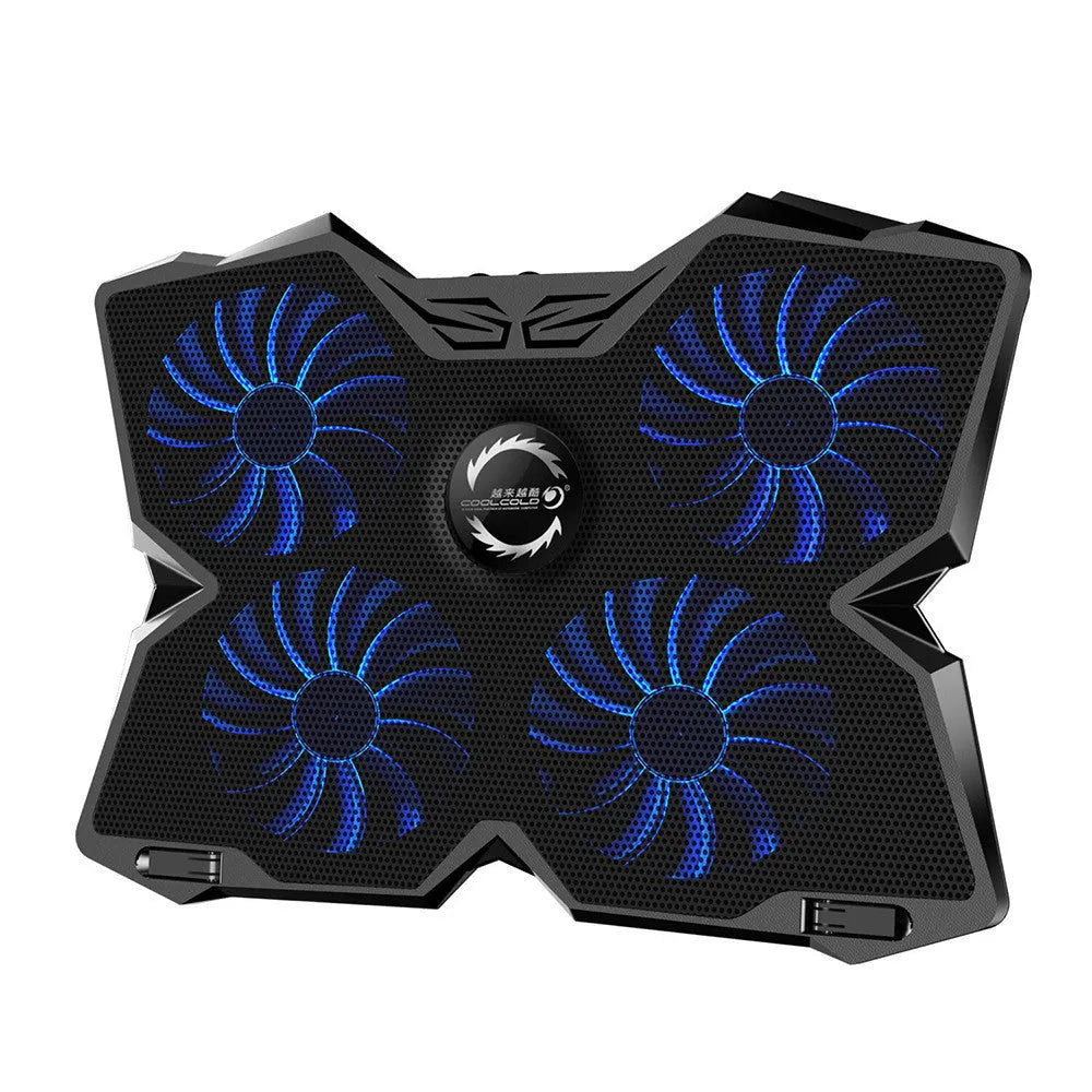 Blue laptop cooling base with four LED fans and two USB ports on a desk.