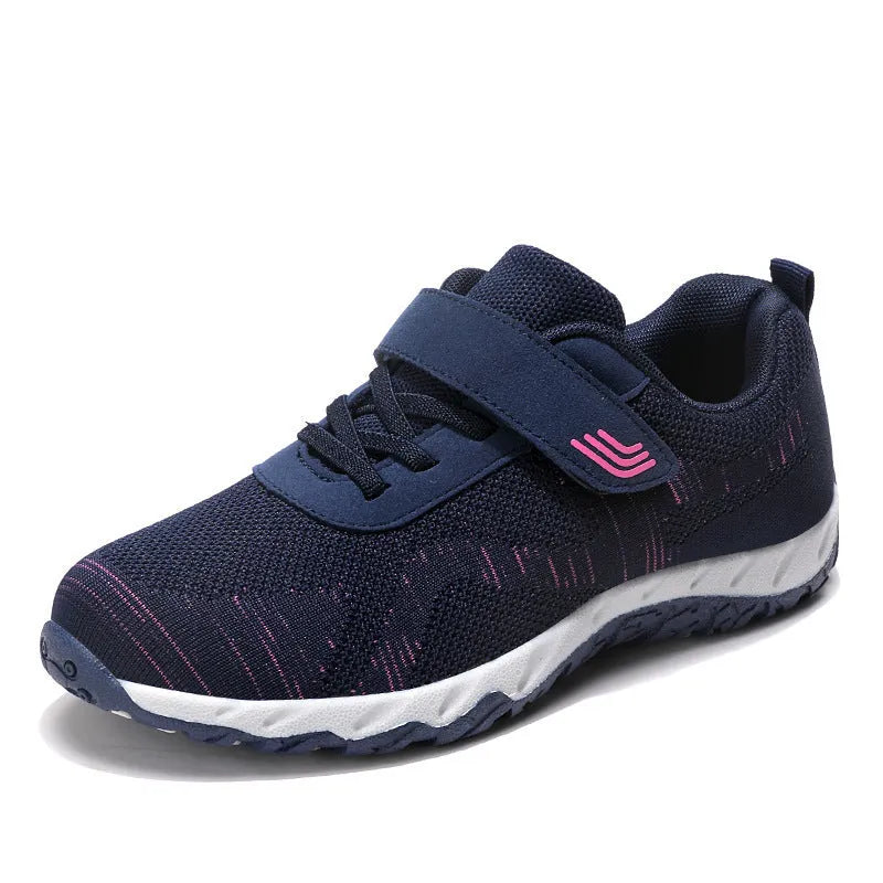 Women's gray purple low top wedge heel shoes with mesh upper and Velcro strap