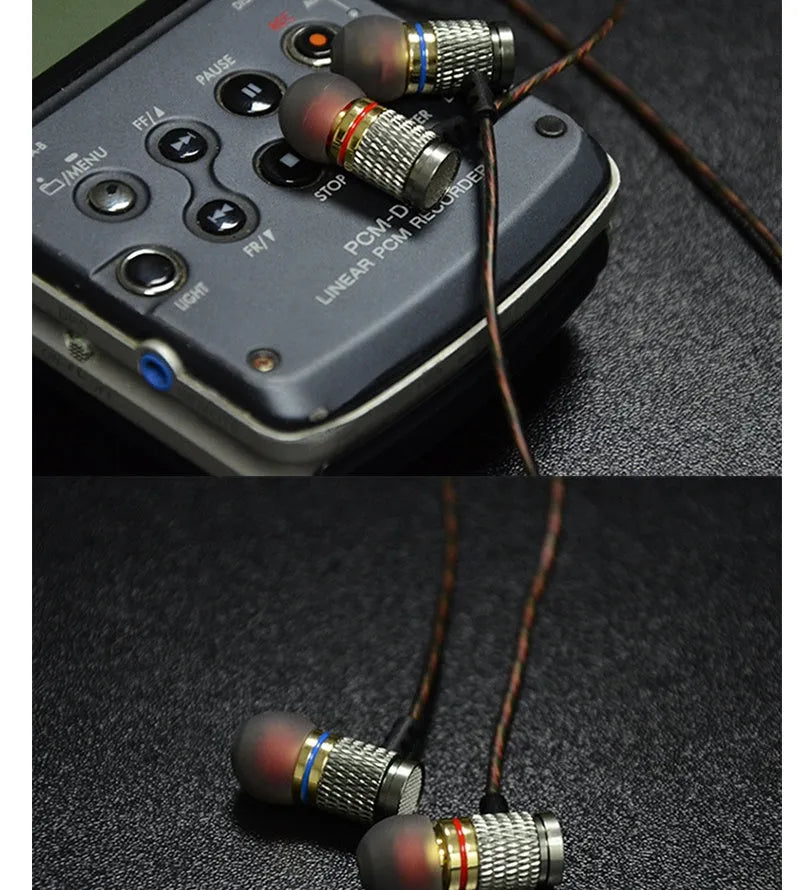 Wired in-ear headphones with metal subwoofer, 3.5mm L-bend plug, and 1.2 metre silicone cable