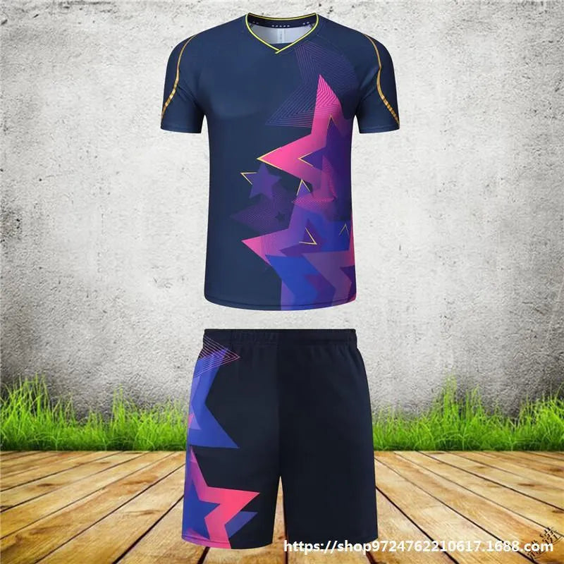 Badminton clothing set with short-sleeved top and trousers in sapphire blue for men and women.