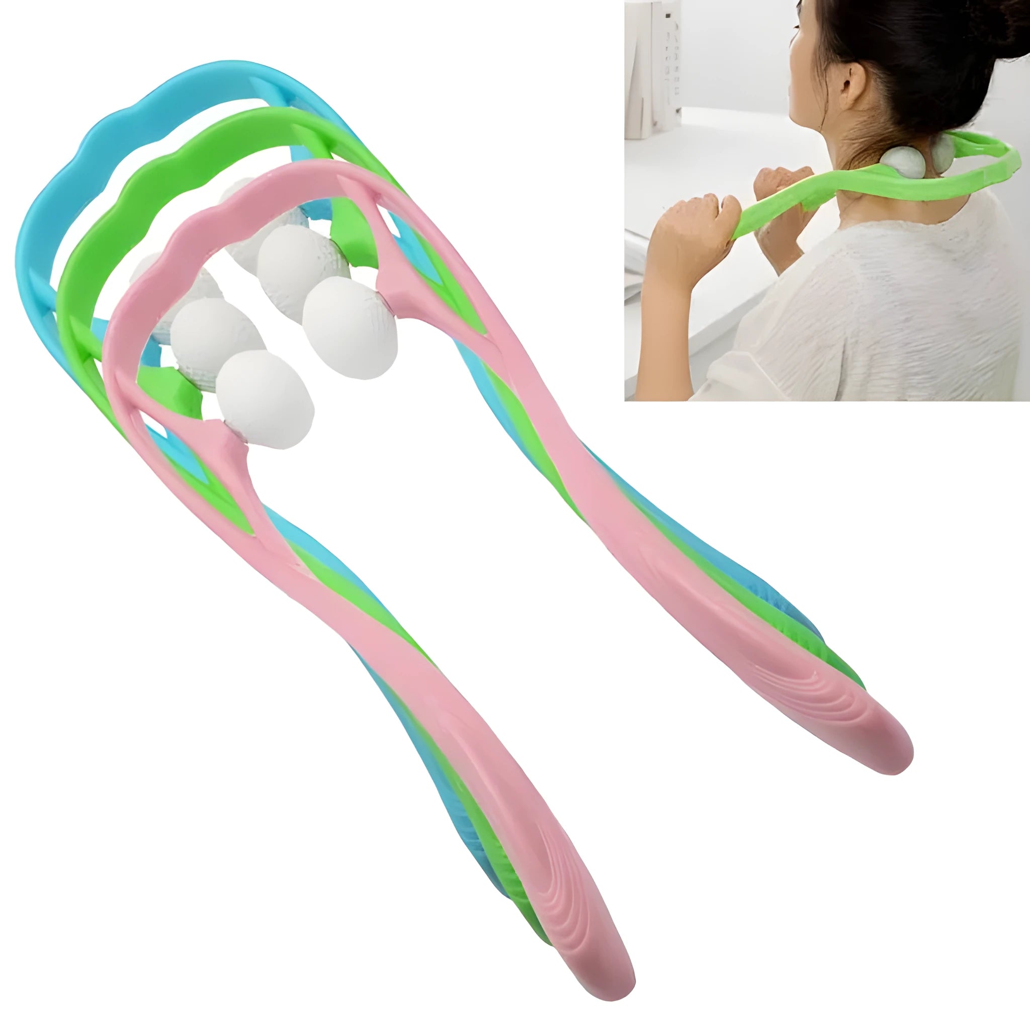 Blue plastic handheld neck and shoulder massager with adjustable stand and removable soft head on a white background.