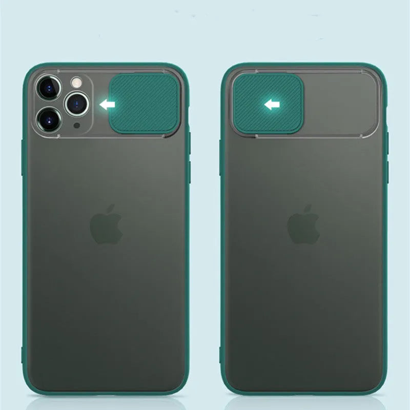 Lens sliding iPhone case in colour contrast design, showing black, green, pink, purple, and red options