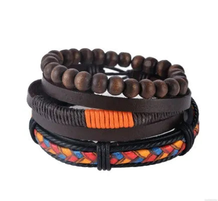 Handwoven leather bracelet with wooden beads on adjustable multi-strand design