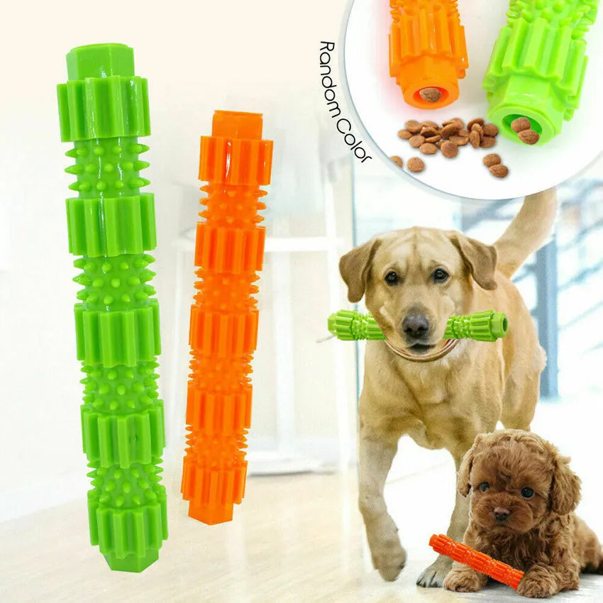 Green or orange rubber dog chew toy with treat dispenser for aggressive chewers