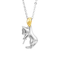 925 sterling silver clavicle necklace with a cat charm pendant on a model.