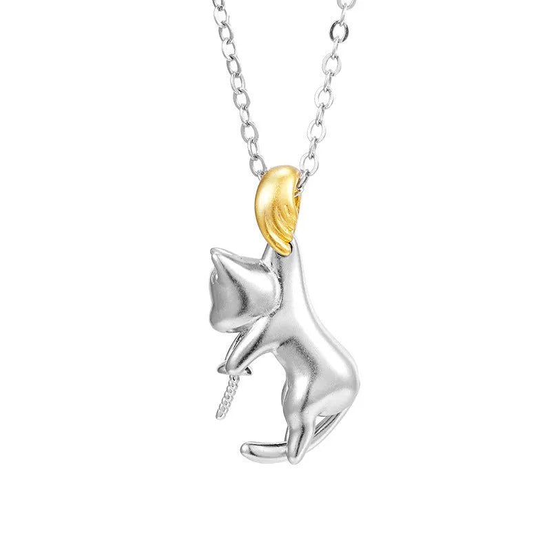 925 sterling silver clavicle necklace with a cat charm pendant on a model.