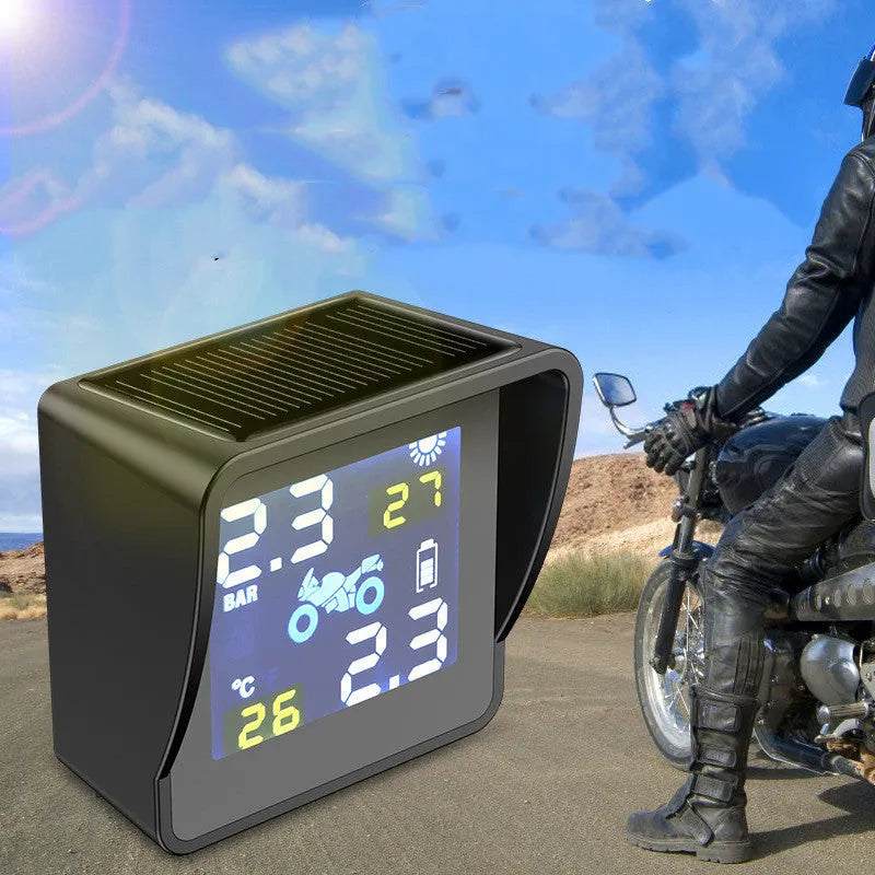 Black solar motorcycle tire pressure monitor with digital display and PC casing, 0.1-6.0BA range