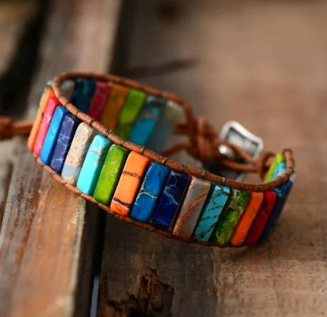Hand-woven leather bracelet with geometric agate stone, ethnic style, 17cm adjustable knot