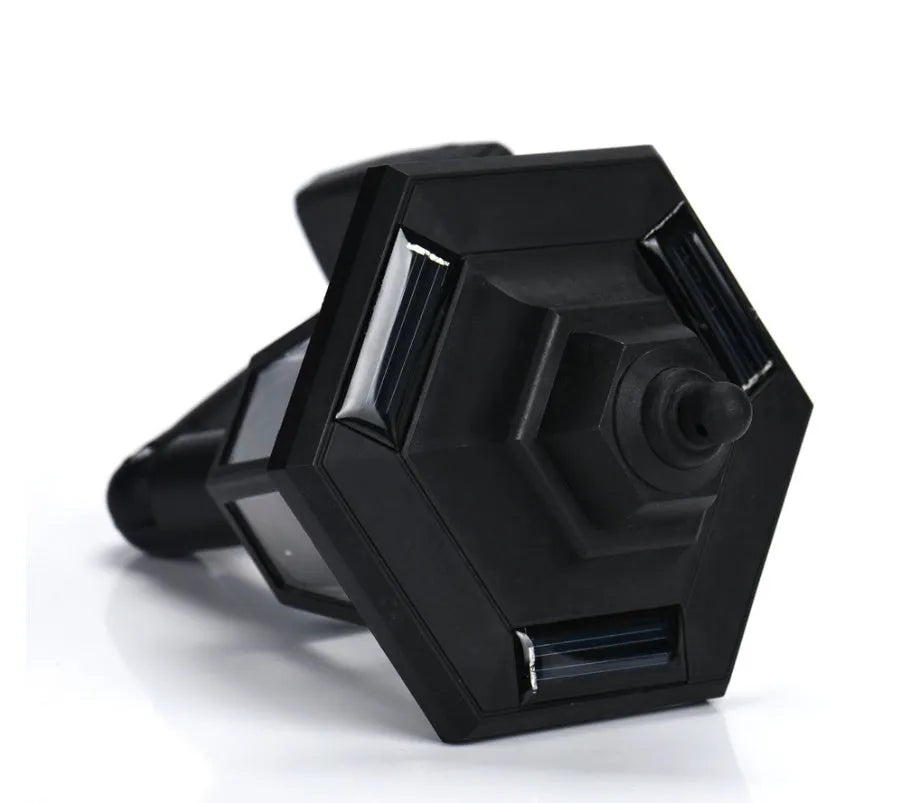 Black hexagonal solar-powered wall light with integrated solar panel and waterproof IP44 rating for outdoor use