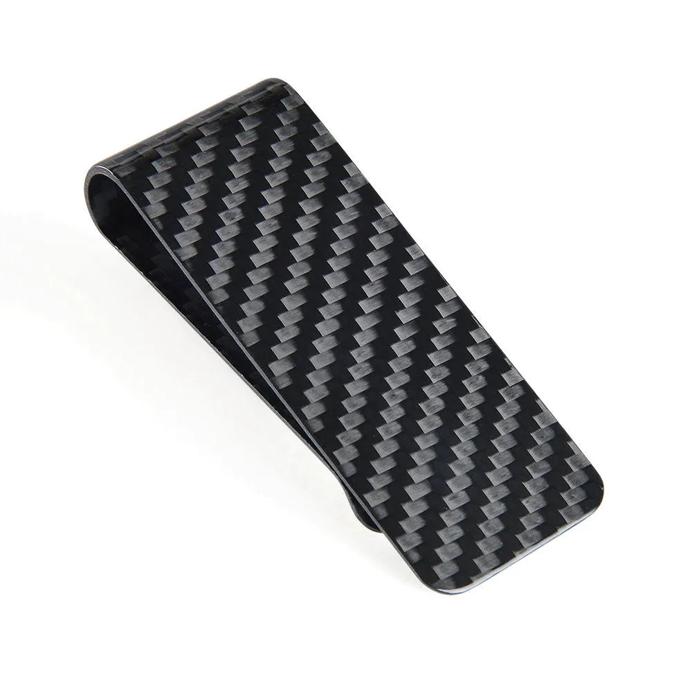 Black carbon fiber money clip with glossy striped surface, 7.1cm high, 2.8cm long, 1.3cm wide