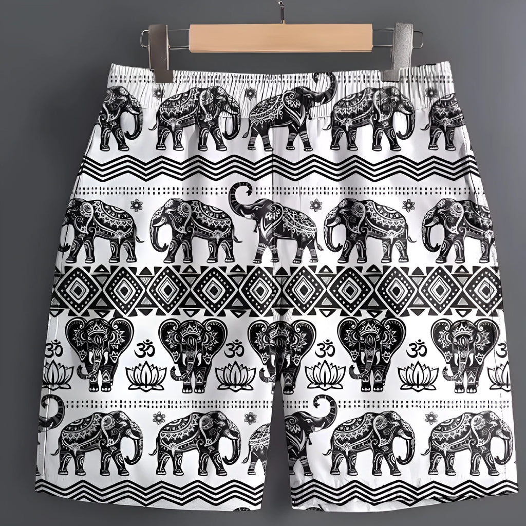 Men's polyester casual sports shorts in camouflage pattern on a hanger.