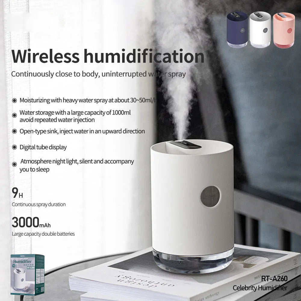Wireless USB humidifier for rooms under 10 square metres, 1.0-2.5 litre tank, blue pink or white