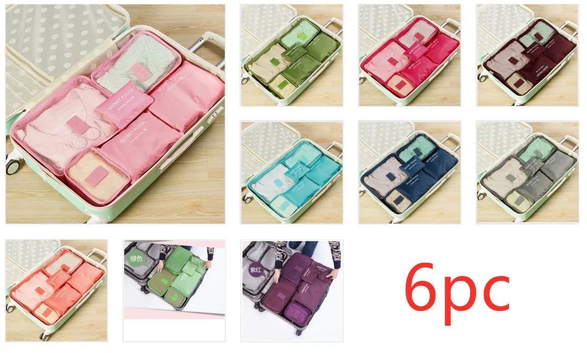 Set of six waterproof nylon packing cube organisers in different sizes and colours, with mesh panels.