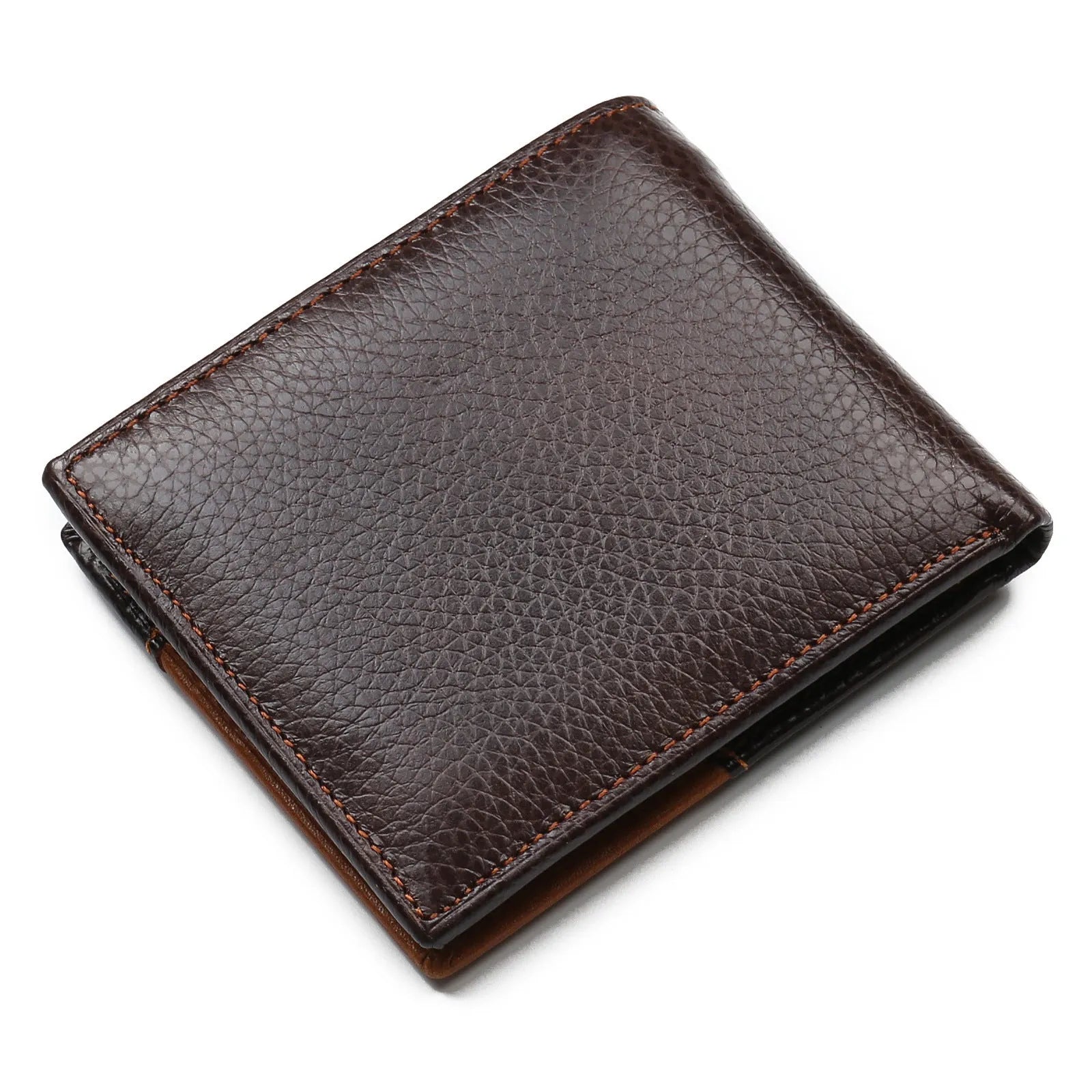 Men's brown cowhide leather wallet with contrast stitching, shown open to reveal card slots and a zippered coin compartment.