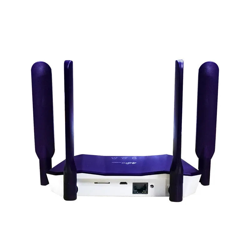 Blue 4G dual mode wireless router with four external antennas, showing compact size.